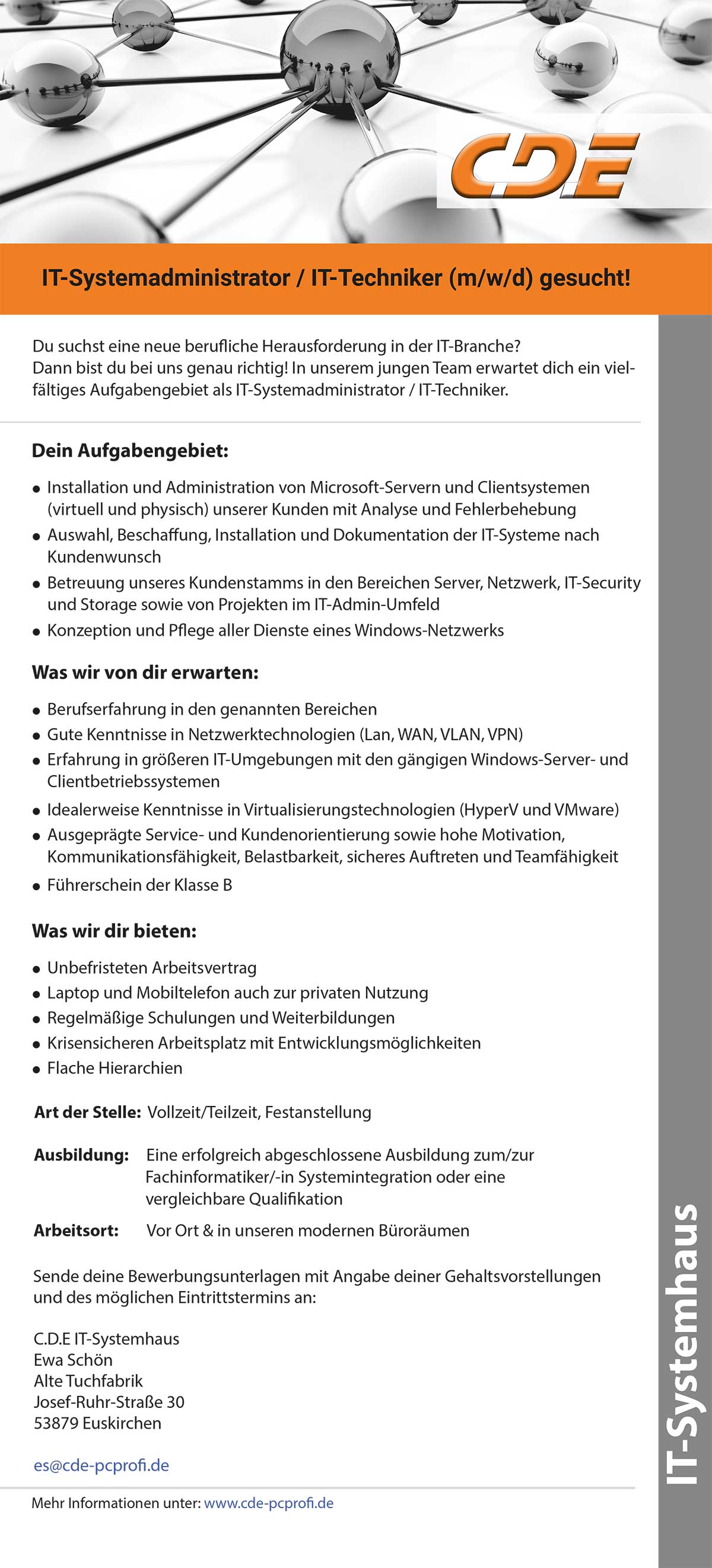 Stellenanzeige IT-Systemadministrator / IT-Techniker (m/w/d)